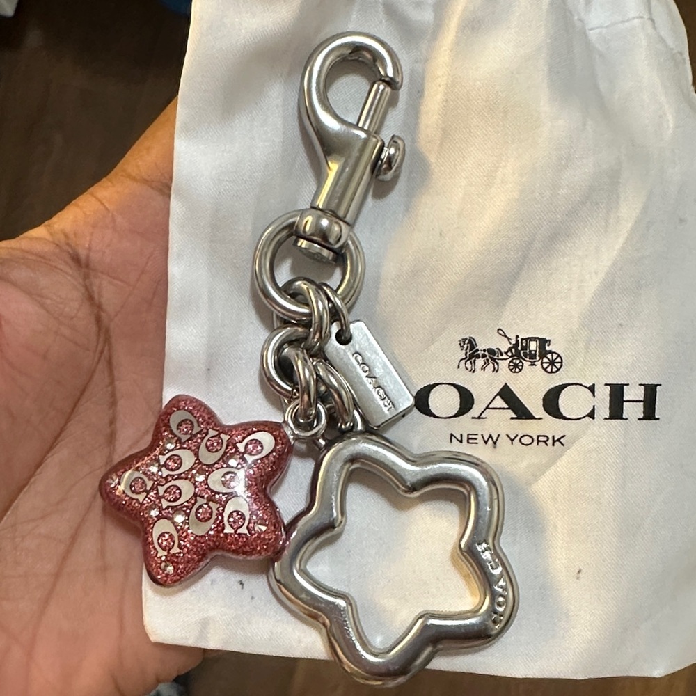 Coach Silver and Red Star Charm Keychain